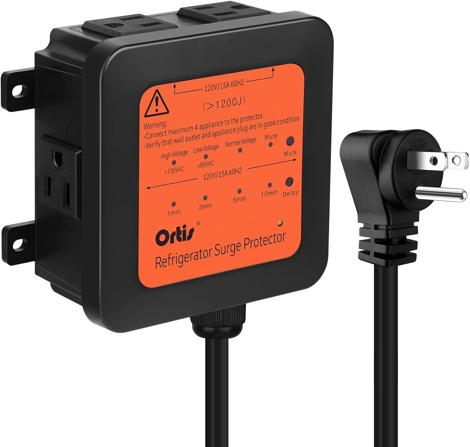 Ortis 4-Outlet Refrigerator Surge Protector, 1200J, Delay Start, Quick Reset, Audible Alarm & LED Indicators, Prevents Voltage Spikes, Surges & Power Outages, 5ft Cord, for 27+ cu. ft. Fridges