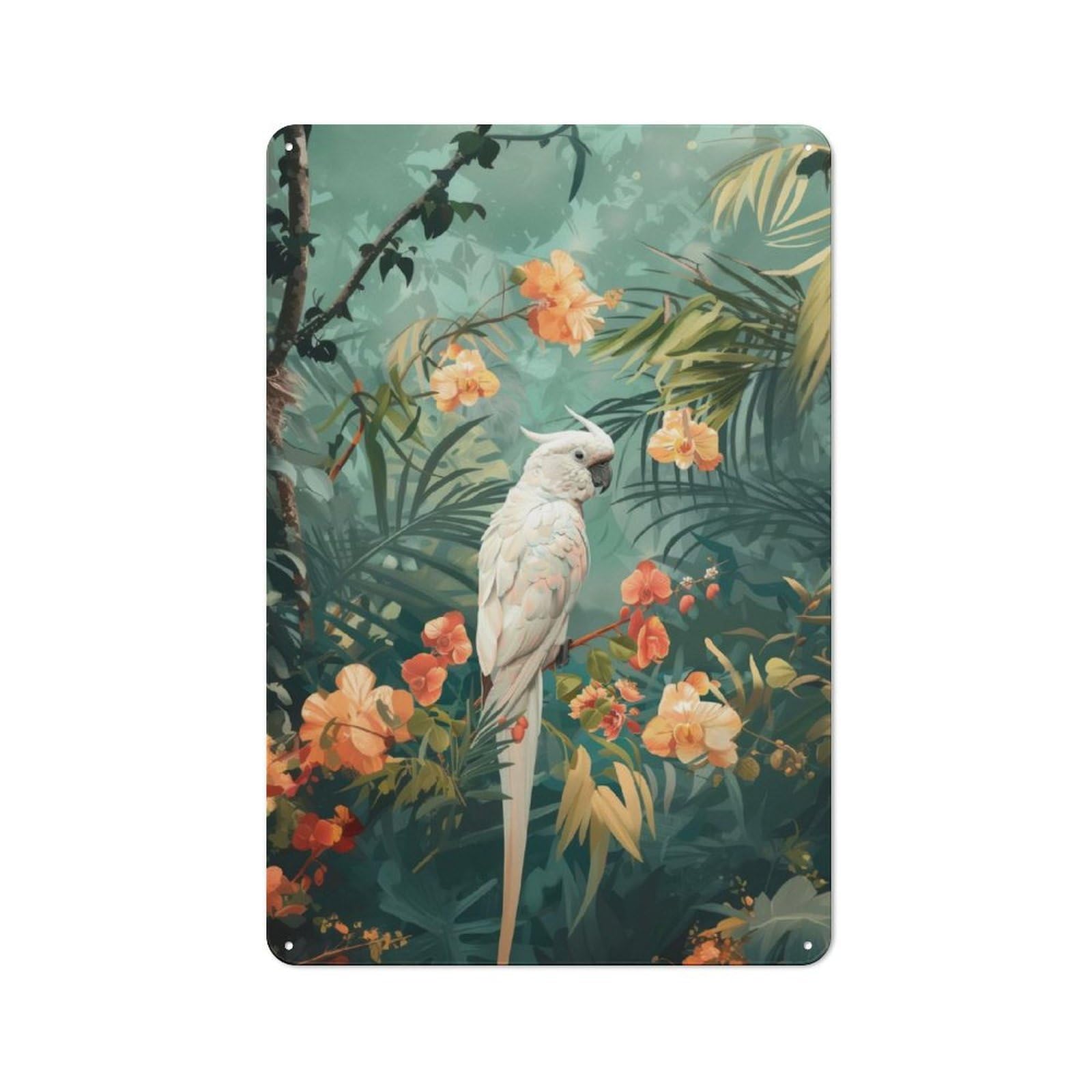 Junmoney White Cockatoo In Tropical Paradise Tin Wall Sign 30X20cm, Character Room Wall Plaque For Bedroom, Kitchen, Office Or Living Room