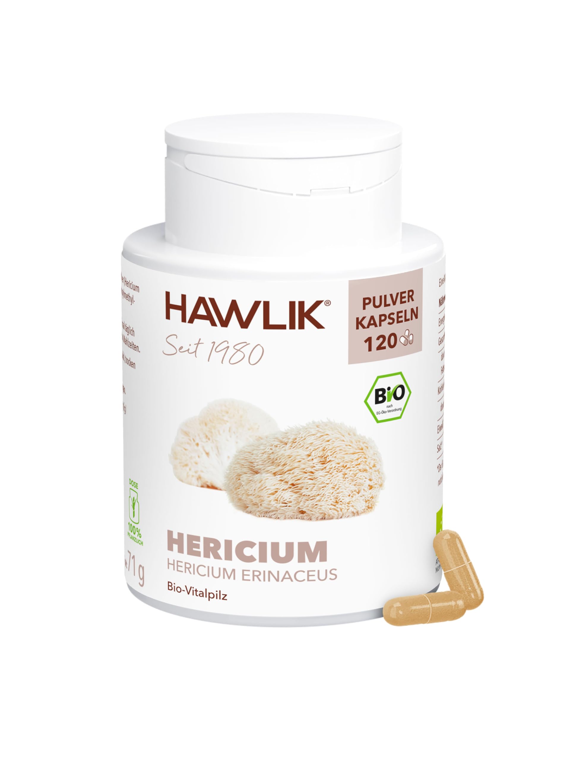 HAWLIK Vitalpilze Bio Hericium Pulver Kapseln - 120 Kapseln - 500 mg Bio-Vitalpilz Pulver - Magenfreundlich - Natürlicher Anbau - Vegan - Zuckerrohr-Dose