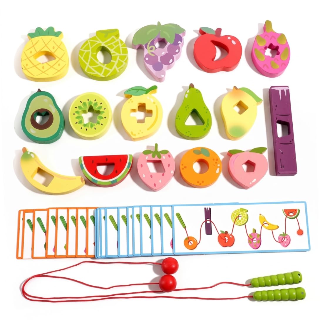 Montessori Threading Toy, Wooden Bead Caterpillar Game for 3-year-olds