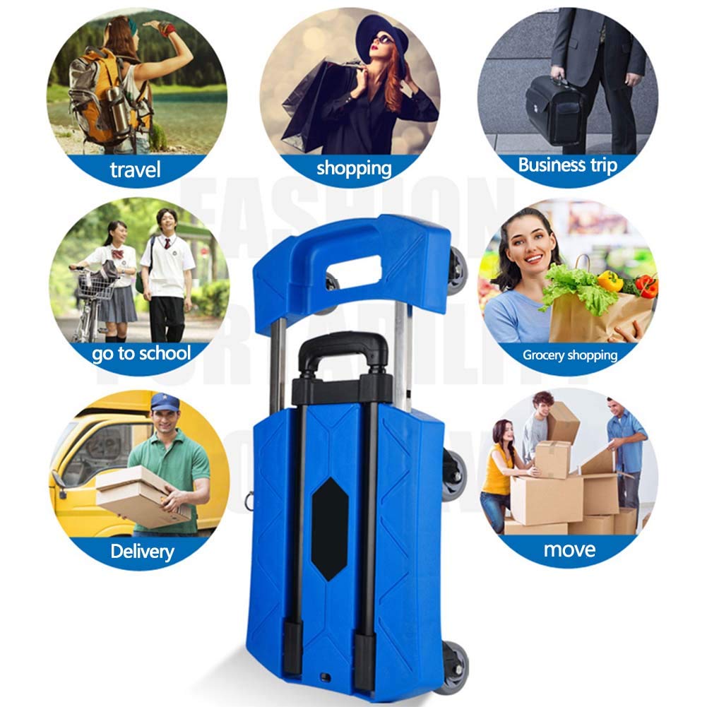 Faltbare Teleskop-Trolley, Handhabung Multifunktionsauto Schwerer Hand-LKW, Haushalt Anhänger, klappbaren tragbaren Pull Cargo-Rod-Auto,Blau,2.5 inch Wheels