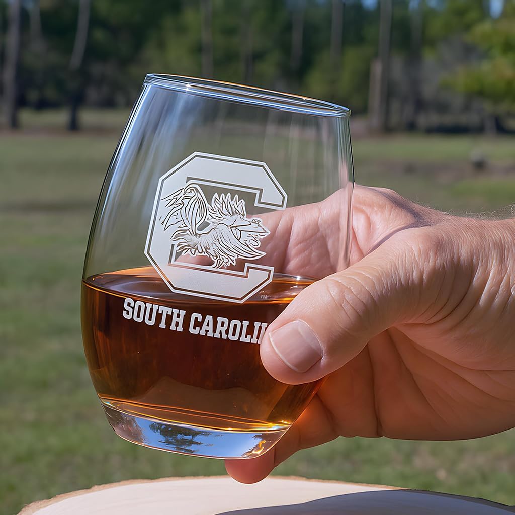 RFSJ INC. South Carolina Gamecocks Satin Frost Stemless Wine Glass Set – Official Clear Glass with White Logo – Heavy-Duty Made in USA Drinkware – Dishwasher Safe – Set of Two, 15 oz
