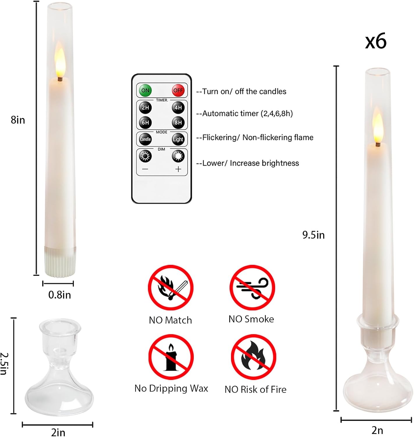 Diagram showing the dimensions of the flameless LED taper candle and holder, along with the functions of the remote control.