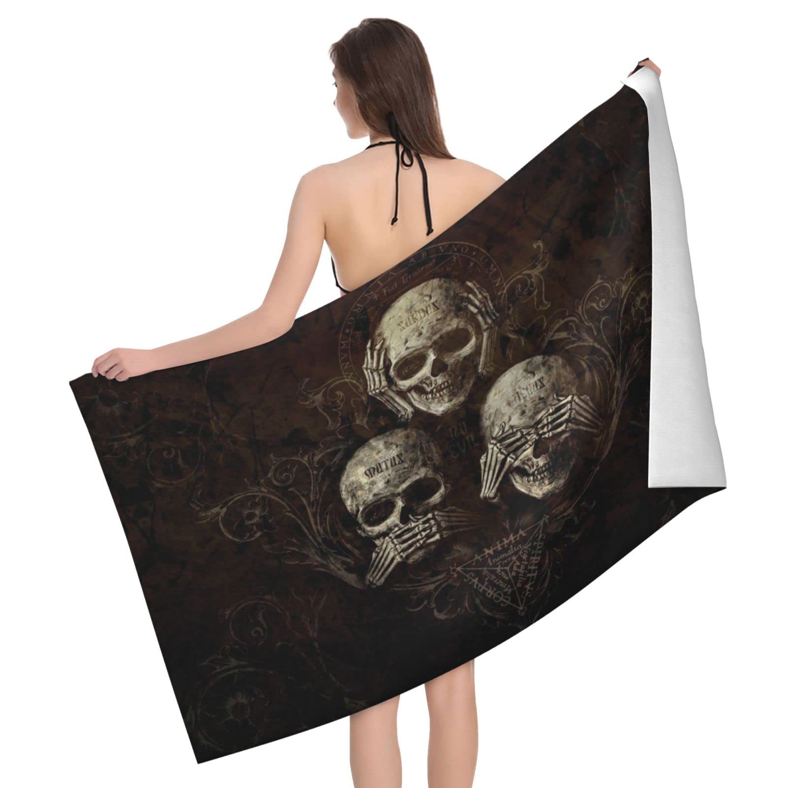Lawenp No Evil Skull Beach Towel, Lightweight Sand Free Quick Dry Microfiber Absorbent Bath Towel for Kids, Adults, Swimming, Bath, Yoga, Pool, Travel, Camping 32"X52"