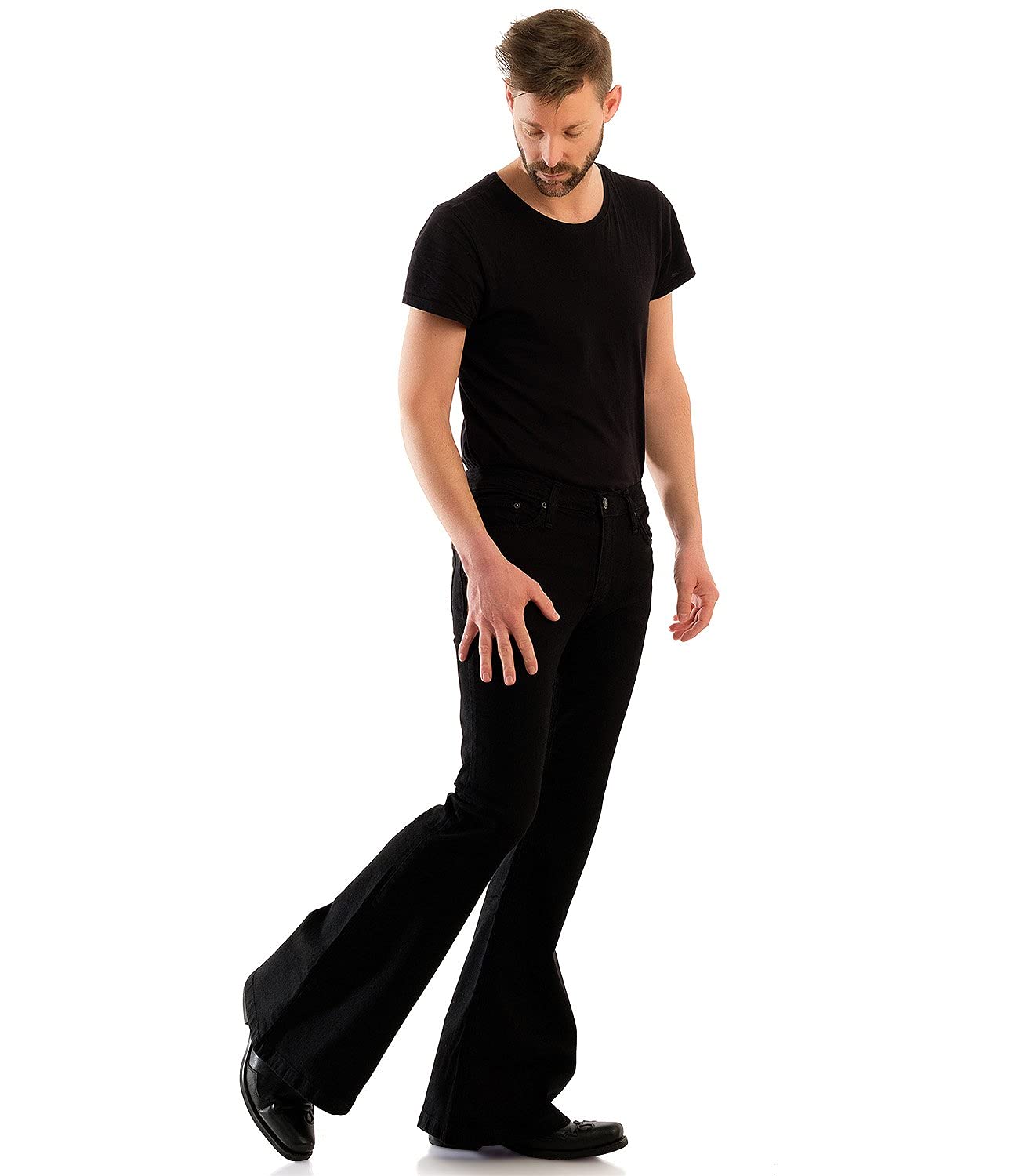 Comycom Herren Jeans Schlaghose BlackBlack schwarz - Dunkle Flared-Jeans für Männer im Retro 70er-Jahre Style, Hippie Bootcut-Jeans mit großem Schlag