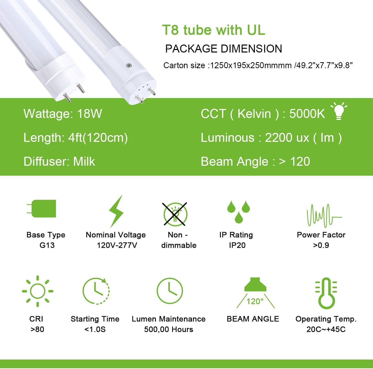 H&B Luxuries 4FT LED T8 Ballast Bypass Type B Light Tube, 18W, Single-Ended & Dual-Ended Connection, 2300LM, G13 Base,T8 T10 T12 Fluorescent Bulbs Replacement, UL & DLC - 5000K (4Pcs)