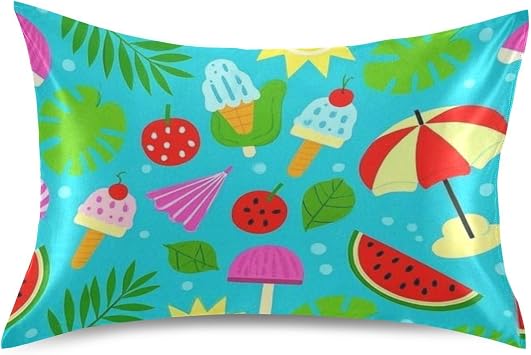 Satin Pillowcase for Hair and Skin Similar to Silk Pillow Cases Smooth and Soft Hair Pillow case for Sleeping with Envelope Closure Watermelon Strawberry Ice Cream Sun Umbrella Leaves Blue Green Red Y