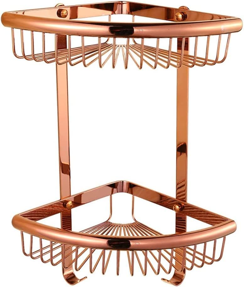 Clothes hook,Shower Caddy Rust Free Bathroom Storage Baskets 2 Tier Corner Shelves Brass Bath Tidy Organiser Rack with Hook Shower Accessories Showergem Shampoo Holder Wall Mounted Screw in, Rose Gold