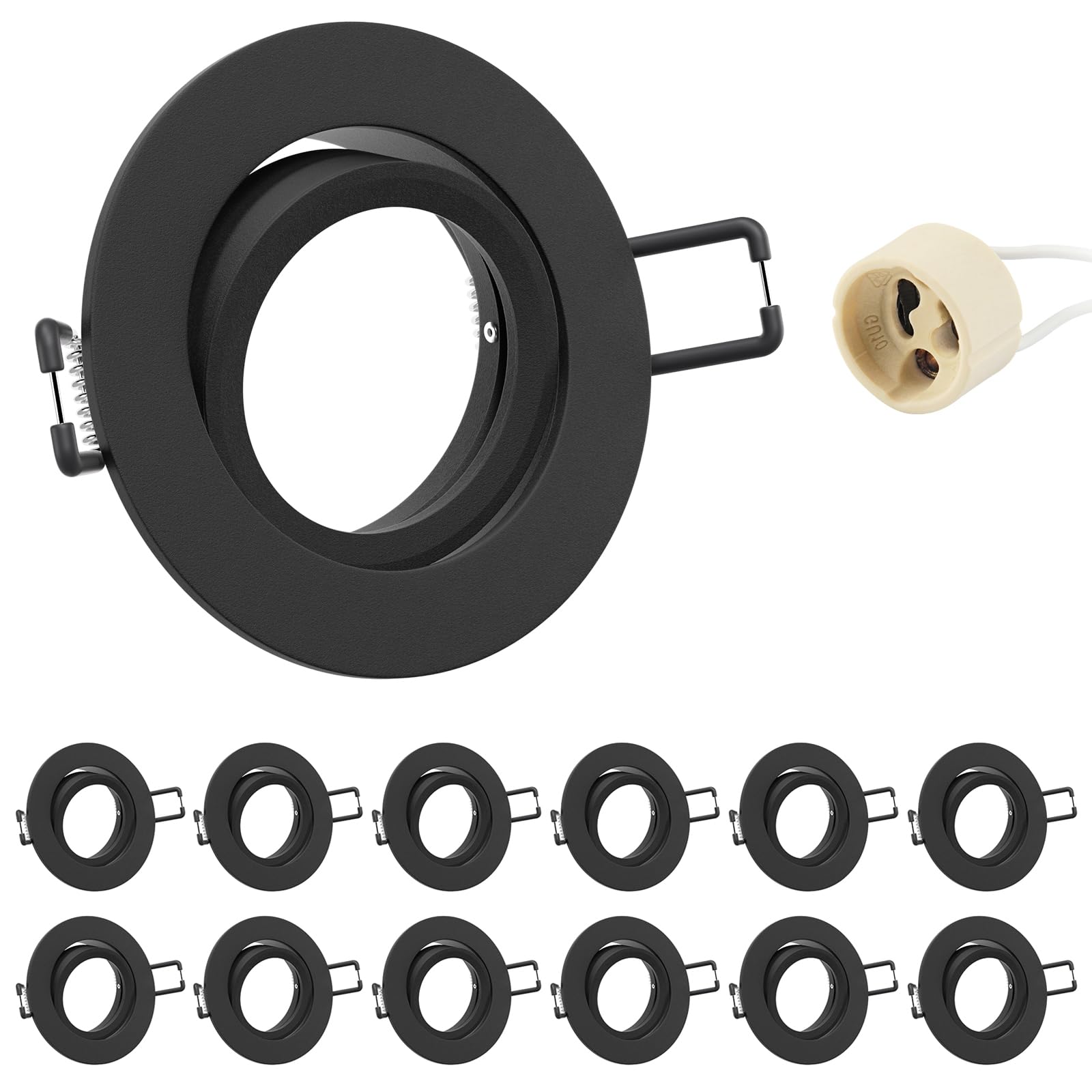 Marco Foco Empotrable GU10 Aluminio Negro Orientable Downlight LED Empotrable Ojo de Buey de techo con Portalámparas GU10 68mm Para Lámparas De Led O Halógena, Redondo 60-75mm 230V 12 Pack