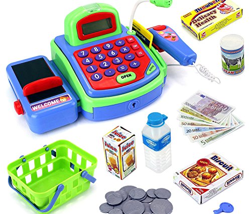 Mozlly Toys & Games Pretend Play Electronic Cash Register with Groceries Toy Set, Classic Money Calculator Educational for Kids, Toddlers & Preschoolers, Ideal Gift & Rewards, Green - Thumbnail 2