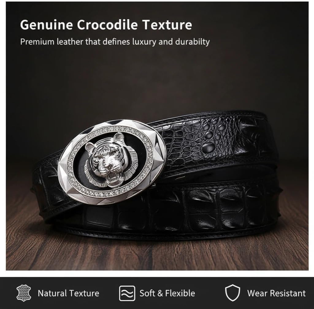 Men's Genuine Crocodile Leather Belt Handmade Alligator Skin Dress Belt Hand-Inlaid Steel Tiger Head Buckle Luxury Belt