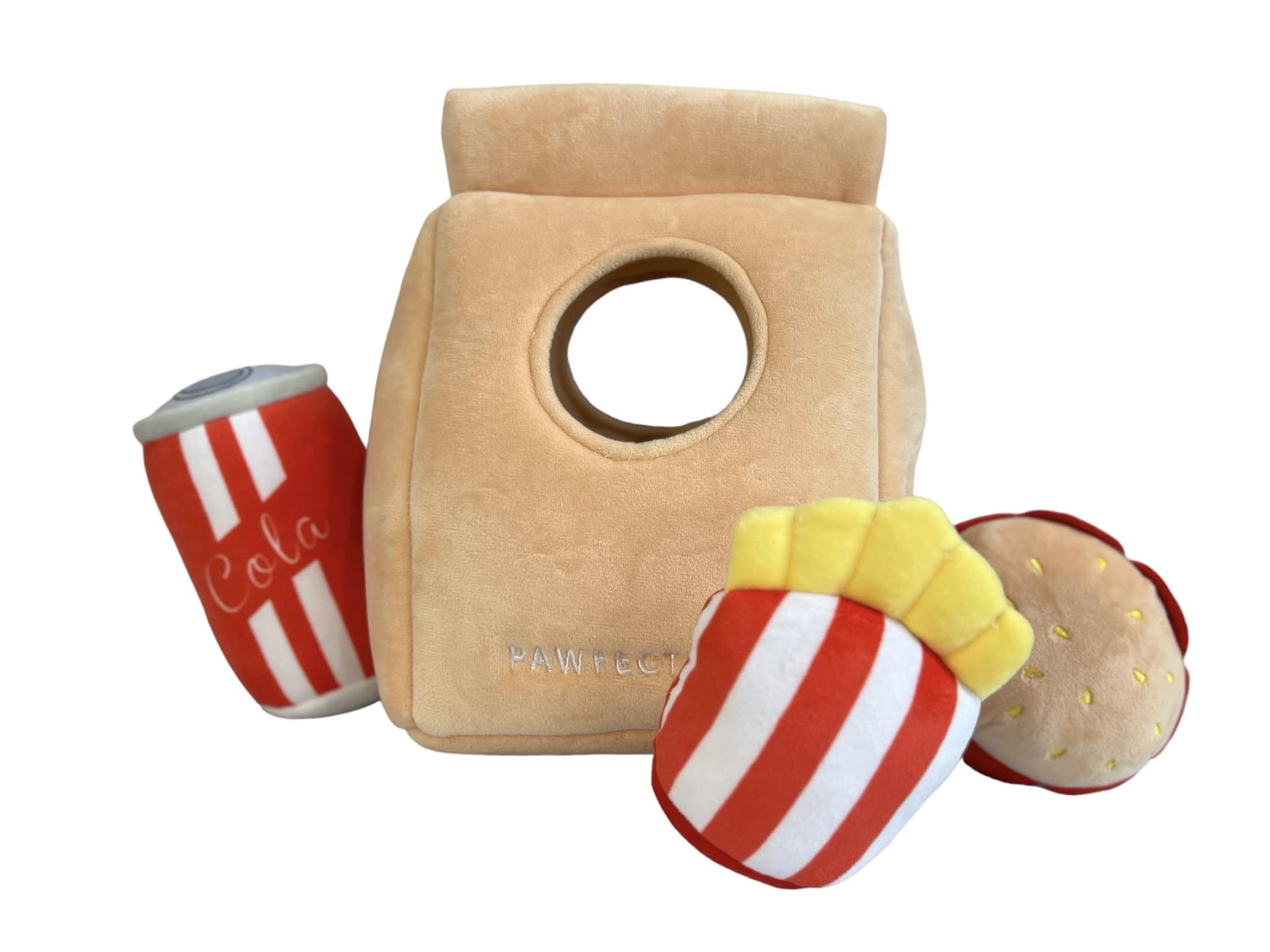 Pawfect Pet DepotInteractive Dog Toys - Plush Foodie Set - Hide and Seek Dog Toys and Puppy Toys, Colorful Squeaky Dog Toys, and Plush Dog Puzzles, Hamburger, Fries, and Cola Lunch Pack