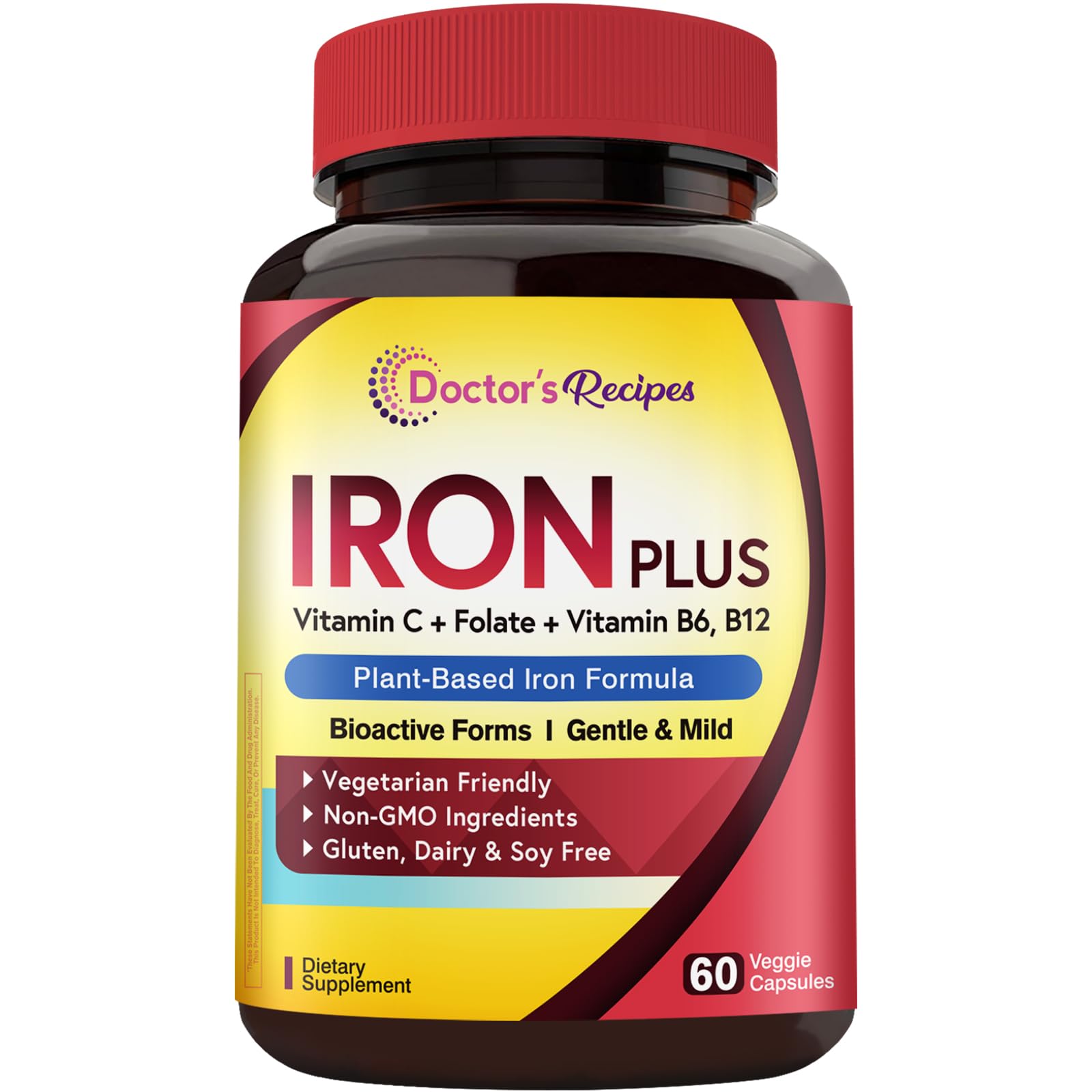 Doctor's Recipes Iron Supplement for Women Men - Gentle Iron Bisglycinate with Vitamin C, B6, Folate & B12 - Non-Constipating & Stomach Friendly Iron Pills, 90 Vegan Caps