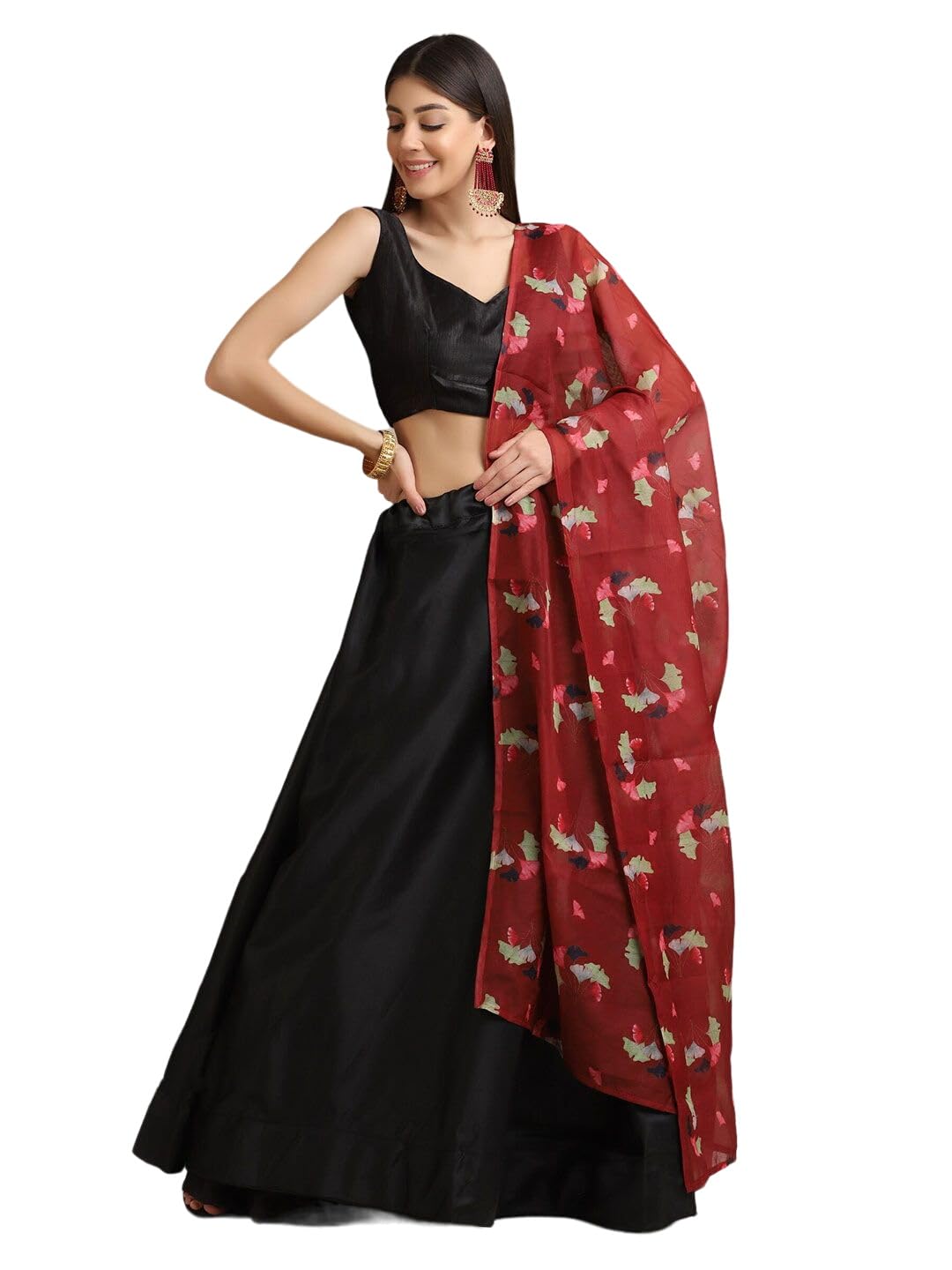 Black & Red Printed Lehenga & Unstitched Blouse with Dupatta