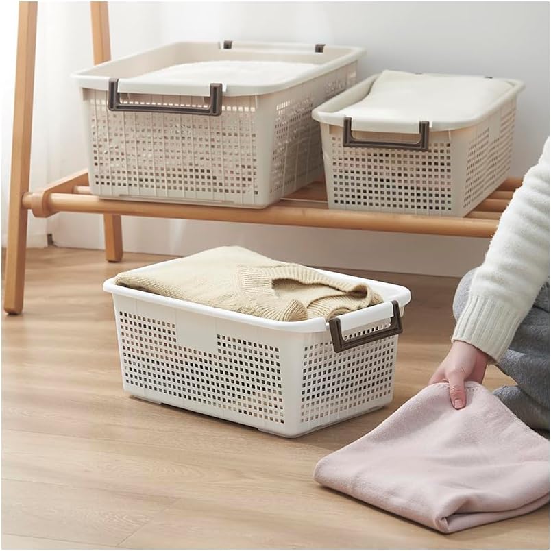 Stackable Storage Basket Organizer with Handle | Storage Bin, 40 Liter, Set of 2, White