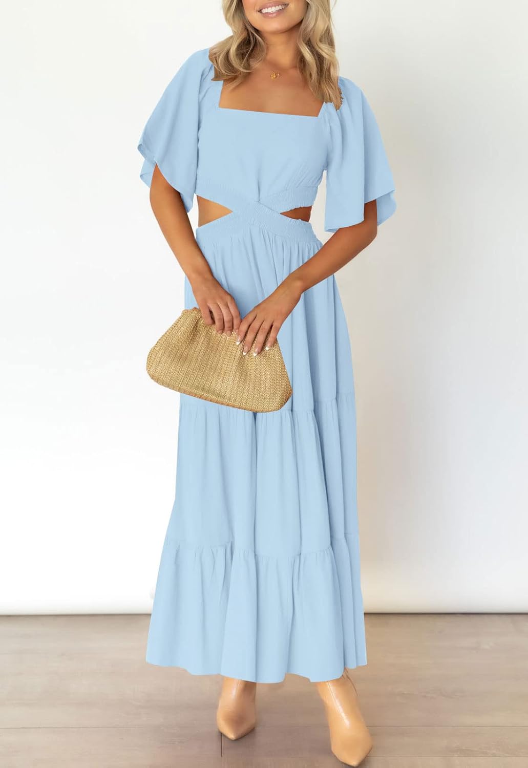 LEANI Women's 2025 Summer Cutout Maxi Dress Square Neck Short Sleeve Crossover Waist Casual Party Dresses - Image 7