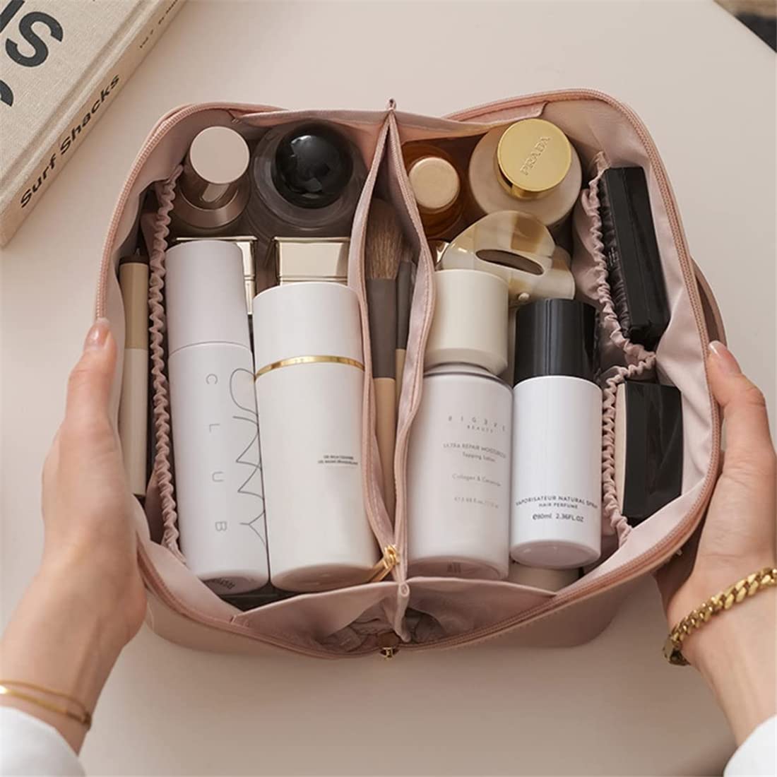 Borsa Portatrucchi Con Motivo A Fungo E Fiori - Grande Capacità, Portatile, In Poliestere Con Cerniera - Per Viaggio, Cura Della Pelle, Regalo Donna