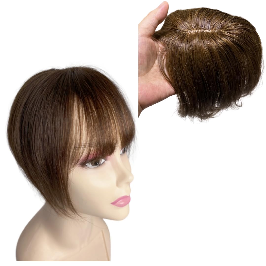 Anemone 10 inch Middle Part Straight Real Human Hair Topper Small Thin Clip in Hair Air Bangs for Mild Hair Loss Red Tone (Warm Brown)