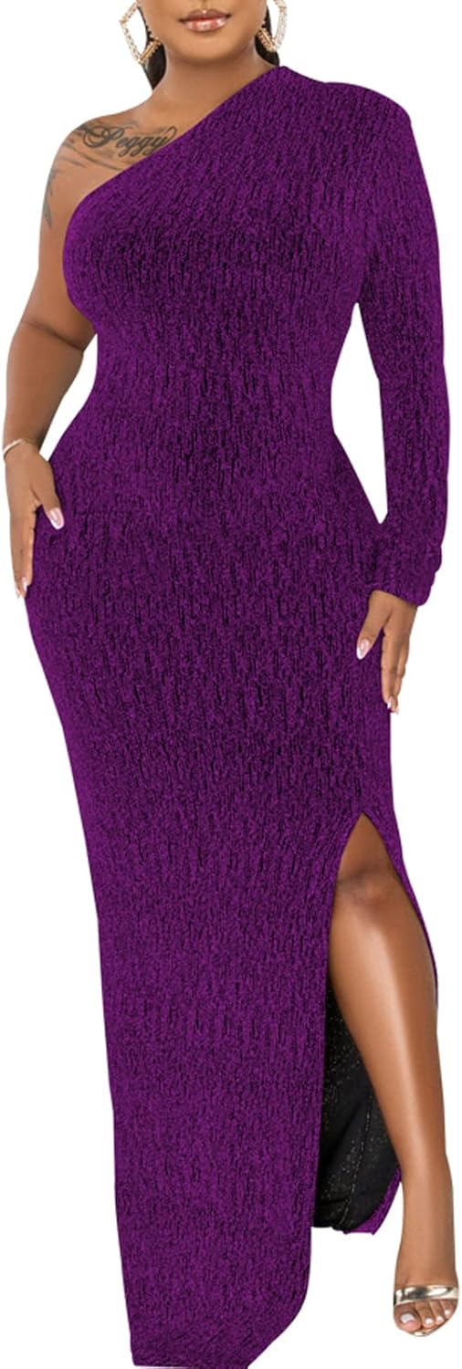 Women's Formal Evening Gowns Elegant Sparkly One Shoulder Maxi Dresses Sexy Long Sleeve High Split Party Long Dress