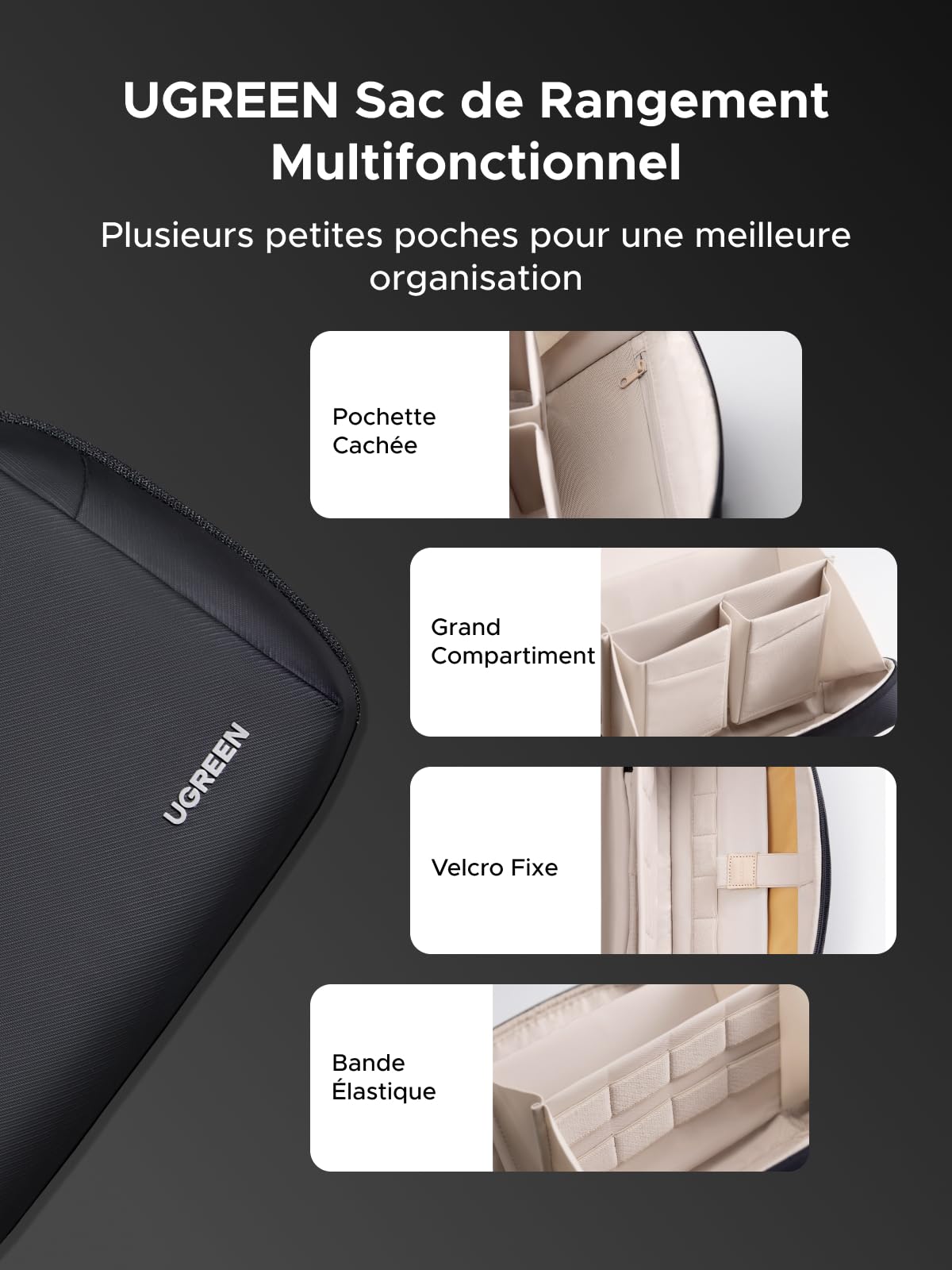 UGREEN Sac Câbles Organisateur de Accessoires Pochette à Câbles Rangement Électronique de Voyage Protection Contre Éclaboussures pour Chageur Souris Batterie Externe Disque Dur