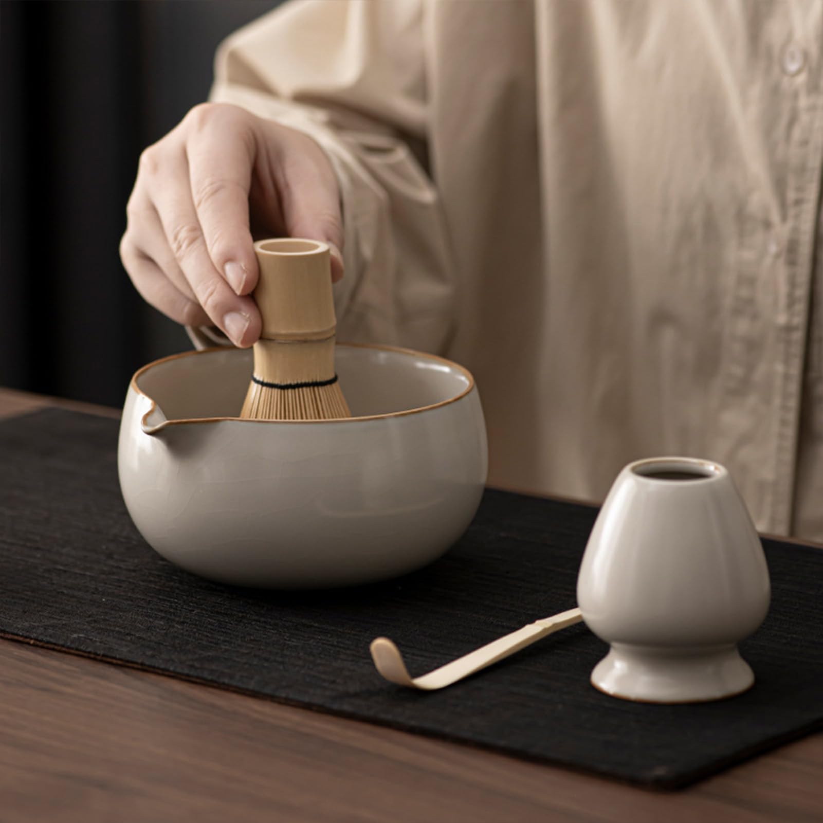 4 Pcs Service À Thé Japonais, Matcha Whisk Set Matcha Bowl, Support De Fouet À Matcha Kit, Set Fouet À Matcha, Ensemble De Fouet À Matcha,Ensemble Bol À Whisky Matcha (Beige)