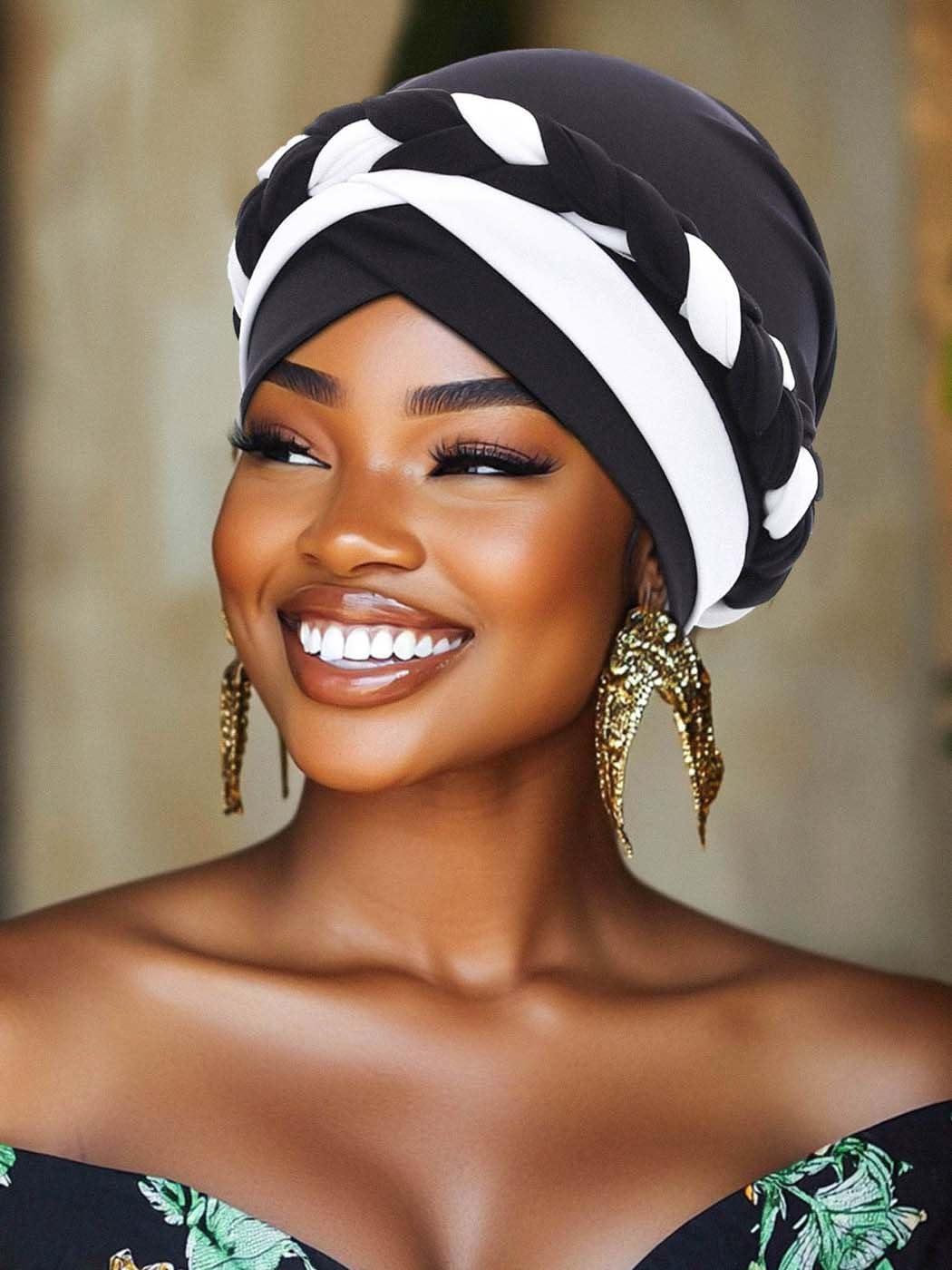 Women's African Turban Head Wrap - Stretchy Braided Headband, Black Pre-Tied Style - View #14