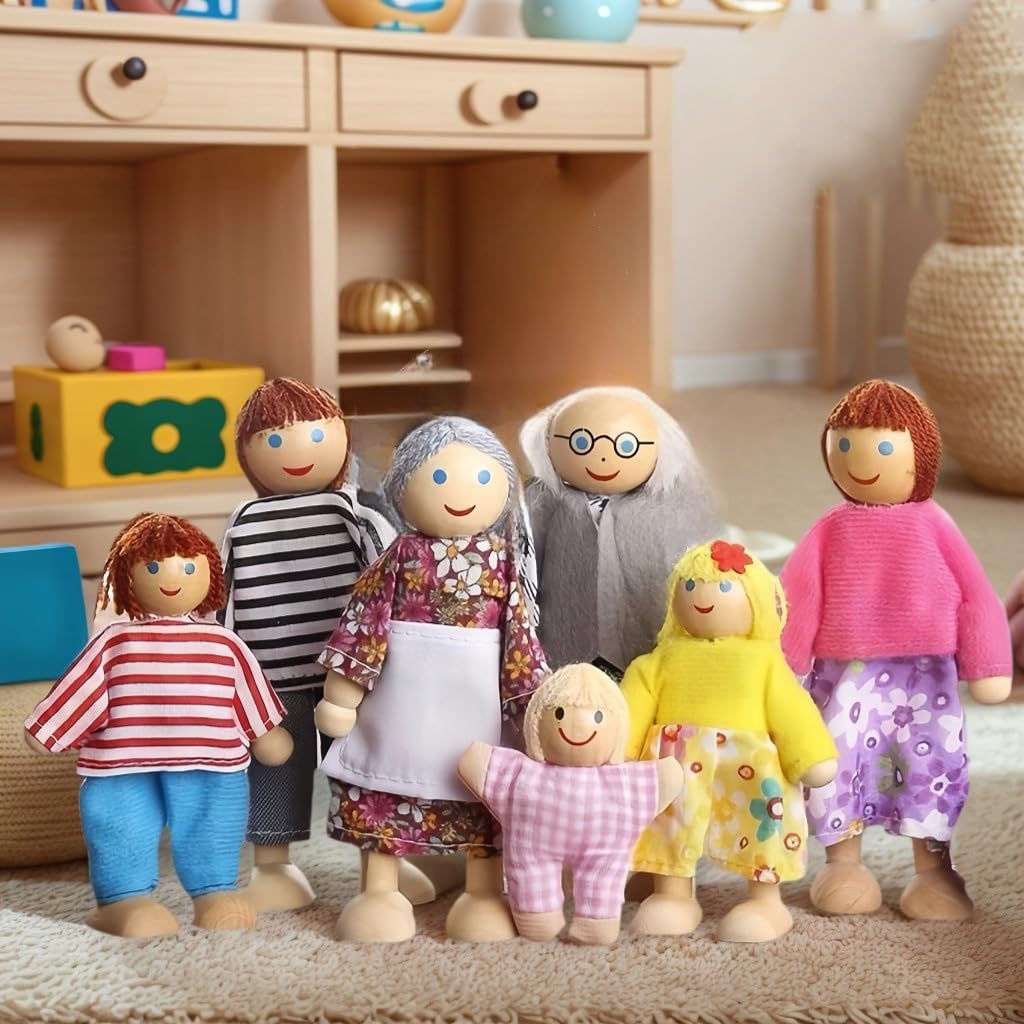 HYSTYLE 7 Pack Poseable Wooden Doll Dollhouse Dolls Wooden Doll Family Pretend Play Figures, Family Role Play Pretend Play Mini People Figures (Classic People)