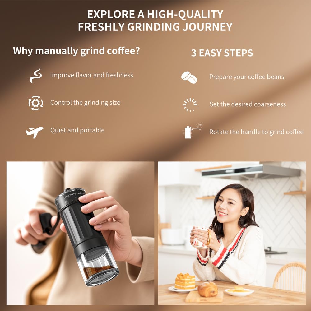 Ręczny młynek do kawy z regulacją grubości, składanym uchwytem i mechanizmem stożkowym ze stali nierdzewnej, przenośny z szklanymi słoikami do espresso i prasą