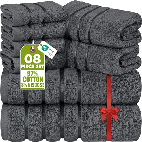 Utopia Towels 8-Piece Luxury Towel Set, 2 Bath Towels, 2 Hand Towels, and 4 Wash Cloths, 600 GSM Ring Spun Cotton Highly Absorbent Viscose Stripe Towels Ideal for Everyday use (Grey)