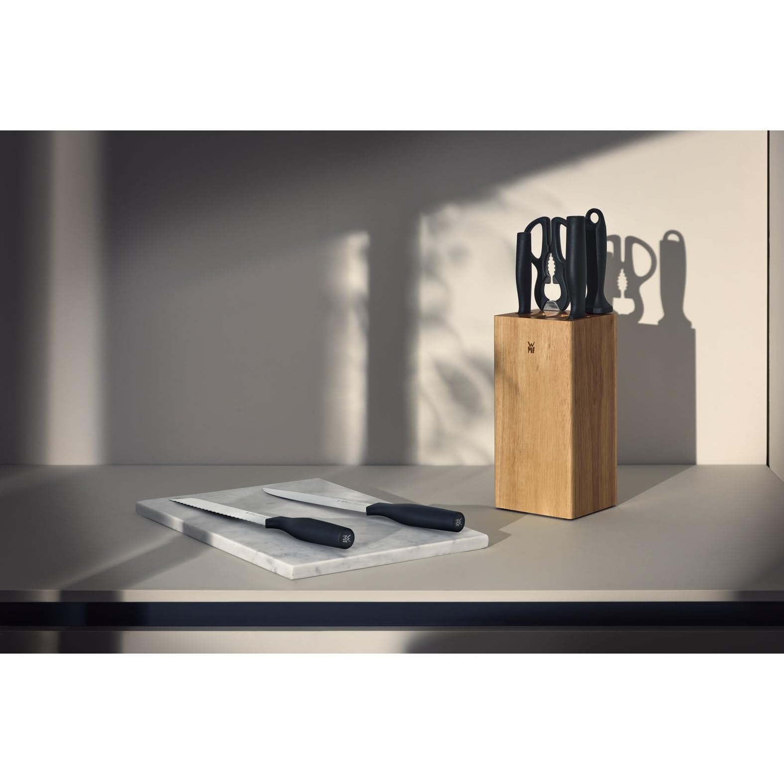 WMF Impulse Messerblock mit Messerset 7teilig, Made in Germany, 4 Messer, Küchenschere, Wetzstahl, Gummibaumholz, platzsparende Aufbewahrung, exzellente Schärfe, perfekte Ergonomie