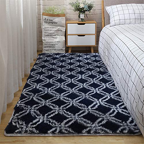 Ouduo Tapis Salon Shaggy Design Moderne Poils Longs, Intérieur Anti Slip Décor Moderne Ultra Doux De Peluche De Pièce De Maison De Tapis De Pépinière De Carpettes (Carreaux Bleu foncé,60 * 120cm) Cover
