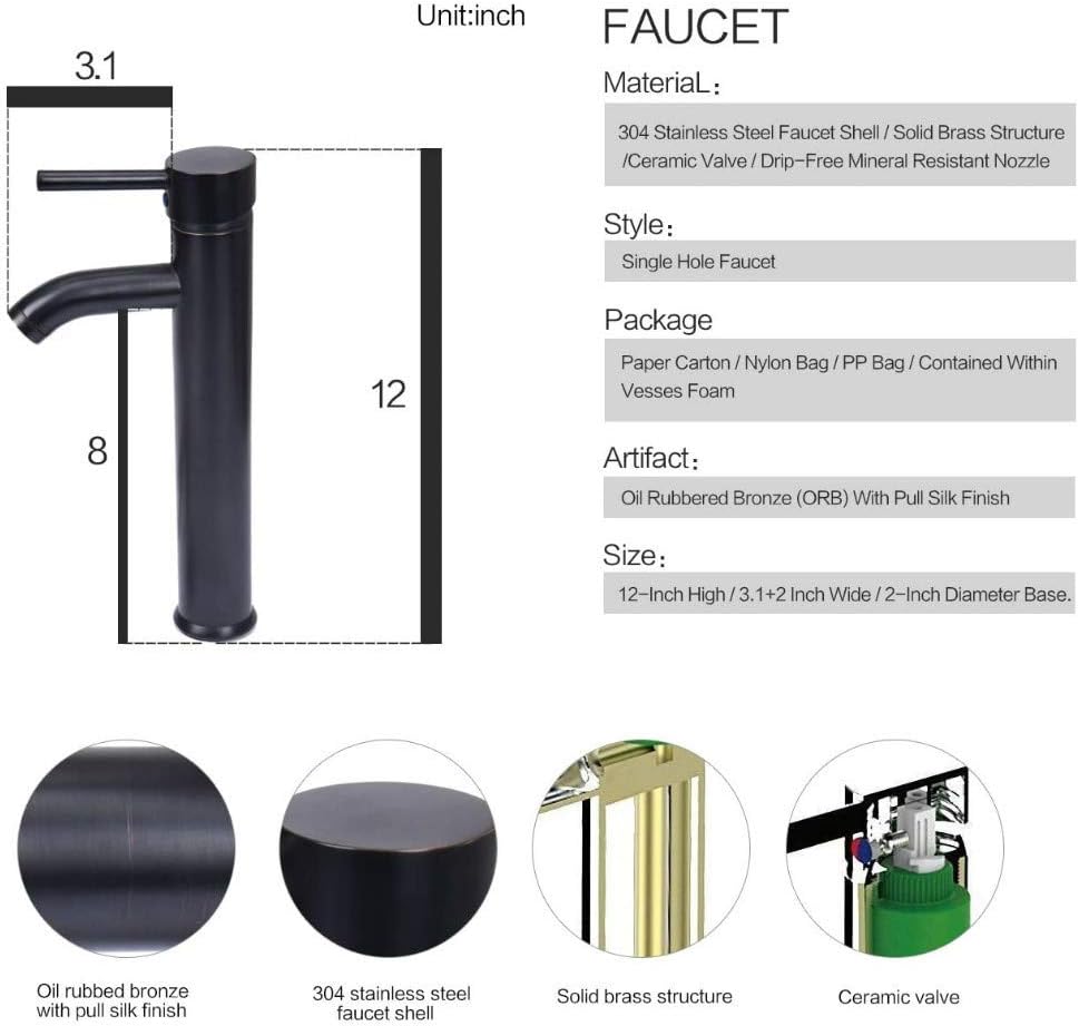 Diagram showing the dimensions of the faucet: 12 inches high, 3.1 inches wide, and 8 inches from base to spout.