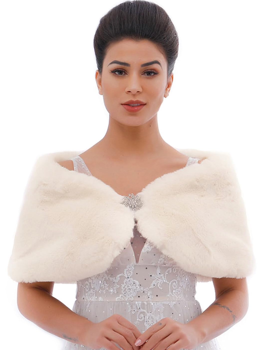 JAKAWIN Women’s Faux Rabbit Fur Wraps and Shawls Bride Wedding Fur Stole Bridal Dress Shrug Cover Up for Women