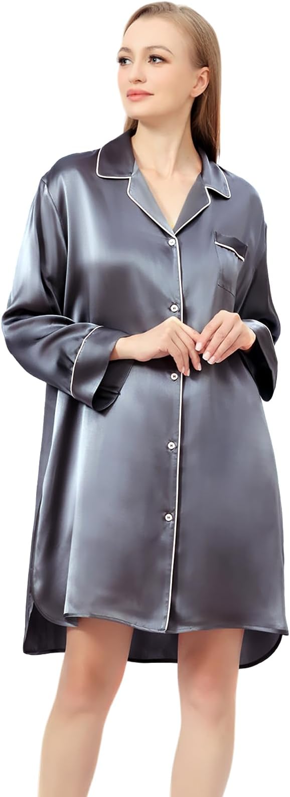 Women's 100% Mulberry Silk Nightgown Long Sleeve Sleepshirt for Sensitive Skin