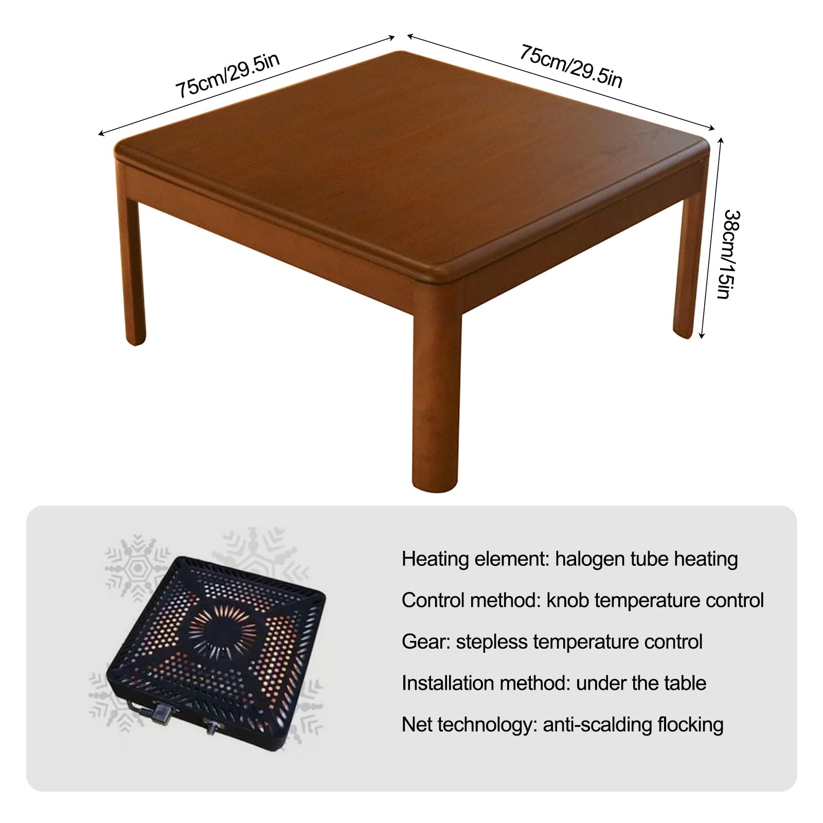 Dieser Tisch mit Heizung aus natürlichem Holzmaterial, beheizter Tatami-Tisch mit Fußwärmer, quadratische Tischplatte, Schlichtes Design für die Küche zu Hause (gelb)