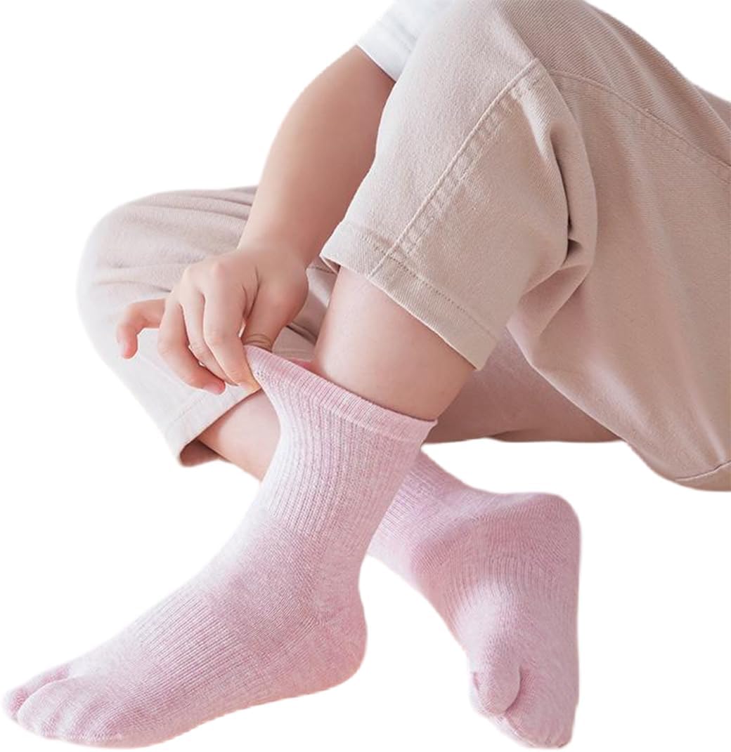 5 Pairs Cotton Two Toe Split Tabi V Socks Athletic Running Breathable Dress Socks for Kids Girls Boys 6-15 Years