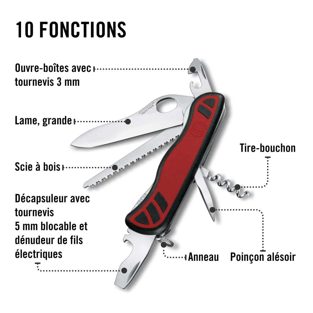 Victorinox Forester M Grip Couteau de Poche Suisse, Multitool, 10 Fonctions, Scie à Bois, Tire Bouchon, Rouge