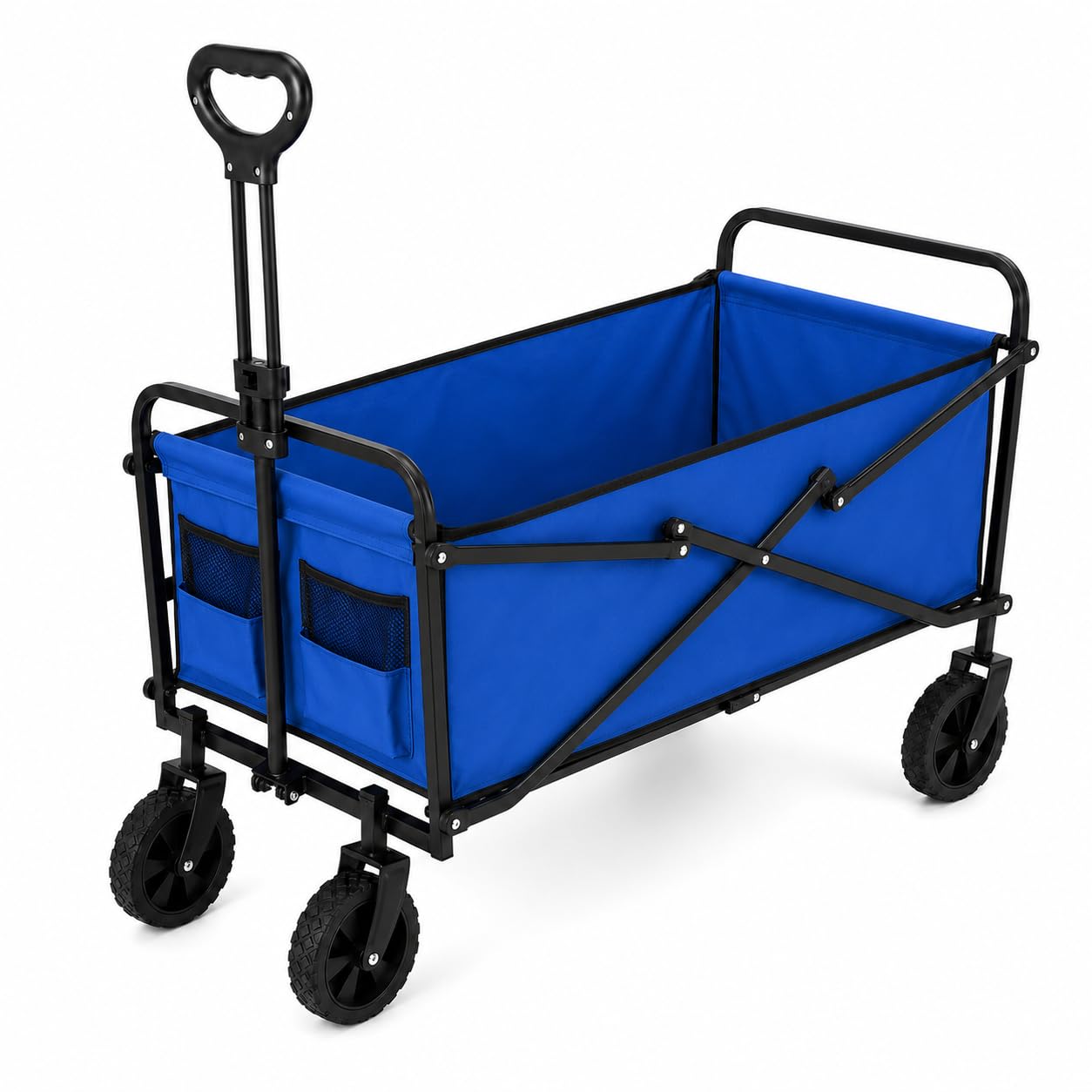 Carro Plegable con 4 Ruedas, Carrito de Transporte con Asa Telescópica y 2 Bolsillos Frontales, Carro para Playa, Camping, Picnic y Compras, Azul