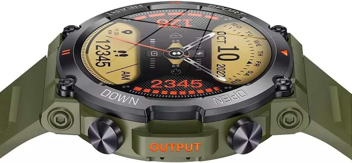 Close-up of Spovan AtlasX Pro Smartwatch display showing date, time, and step count