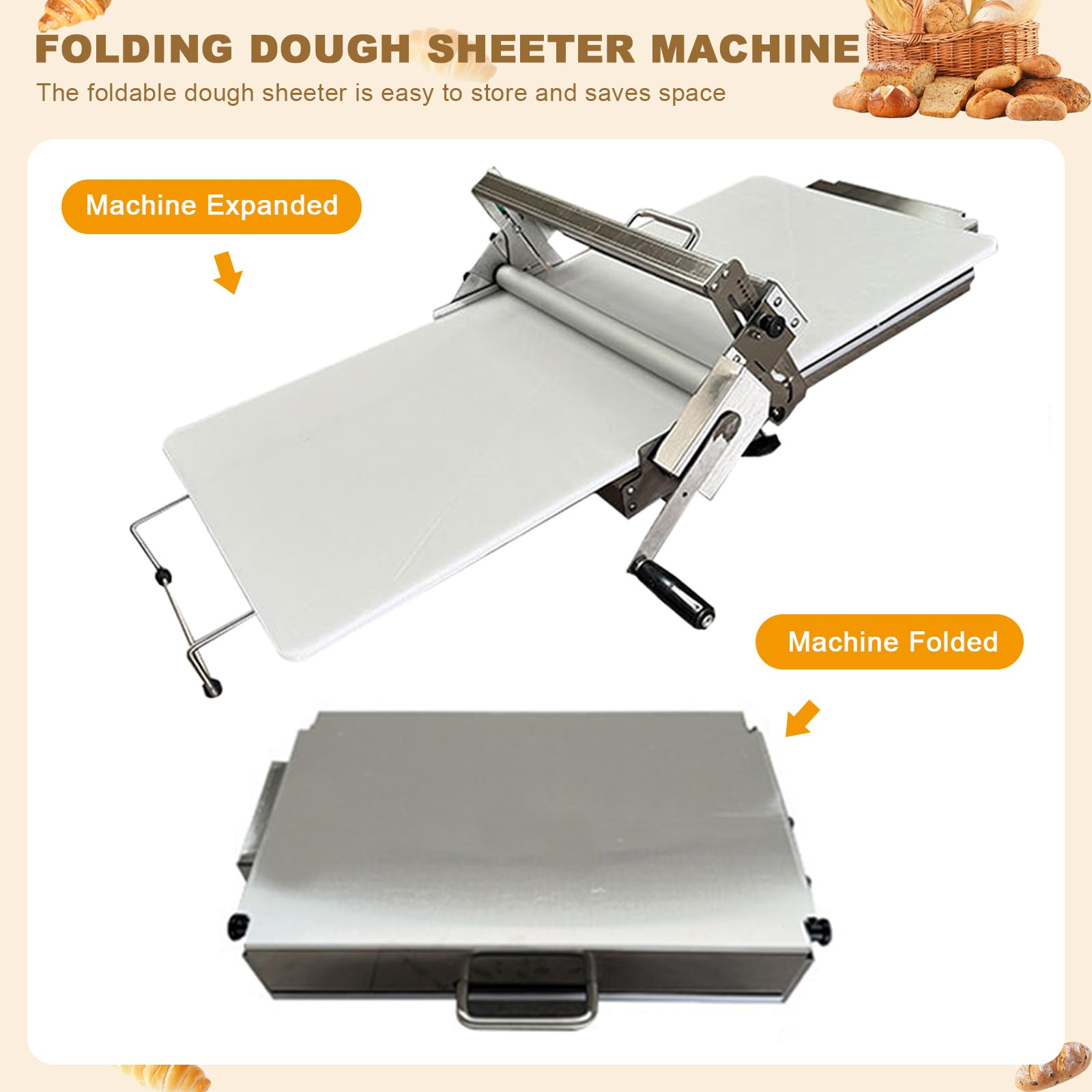 Macchina per sfogliare l'impasto, rullo manuale con spessore regolabile per croissant, pizza e pasticceria, struttura resistente in acciaio inossidabile