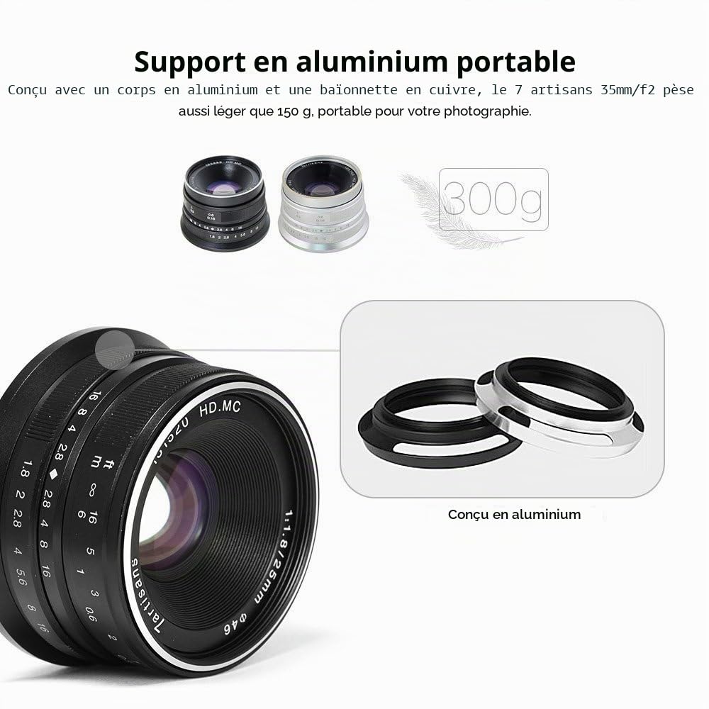 7Artisans 25 mm F1.8 Mise au Point Manuelle Prime Fixe Objectif pour Olympus et Panasonic Micro 4/3 mFT M4/3 Caméras - Noir