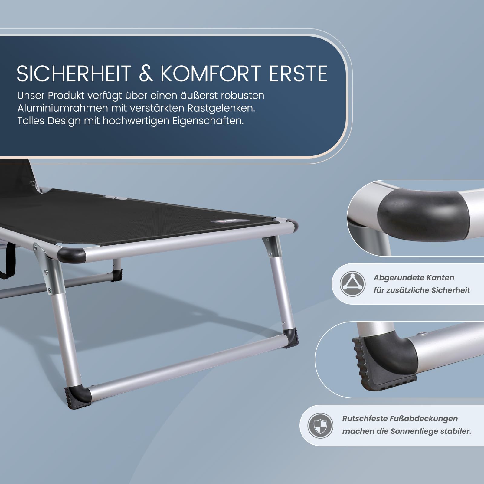 Homecall Sonnenliege Gartenliege Leicht Sonnenliege Klappbar Alu Liegestuhl Strandliege, 5 Fach Verstellbare Rückenlehne, 190 x 60 cm Sonnenschutzdach, bis 136KG (Ohne Sonnendach-Schwarz)