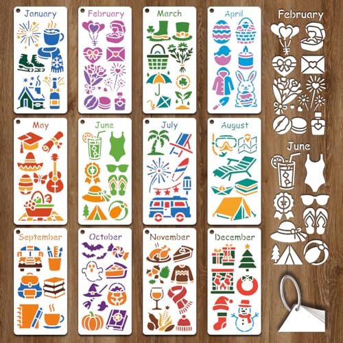 GOMAKERER 12 hojas de plantillas de pintura para planificador mensual, 12 estilos, plantillas divertidas de temporada de 1 a 12 meses, plantilla reutilizable para pintar en pared, madera, lienzo