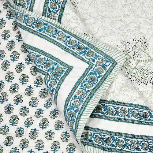 Image of BLOCKS OF INDIA Hand Block Printed Cotton King Size Quilt /Rajai | Green Tree