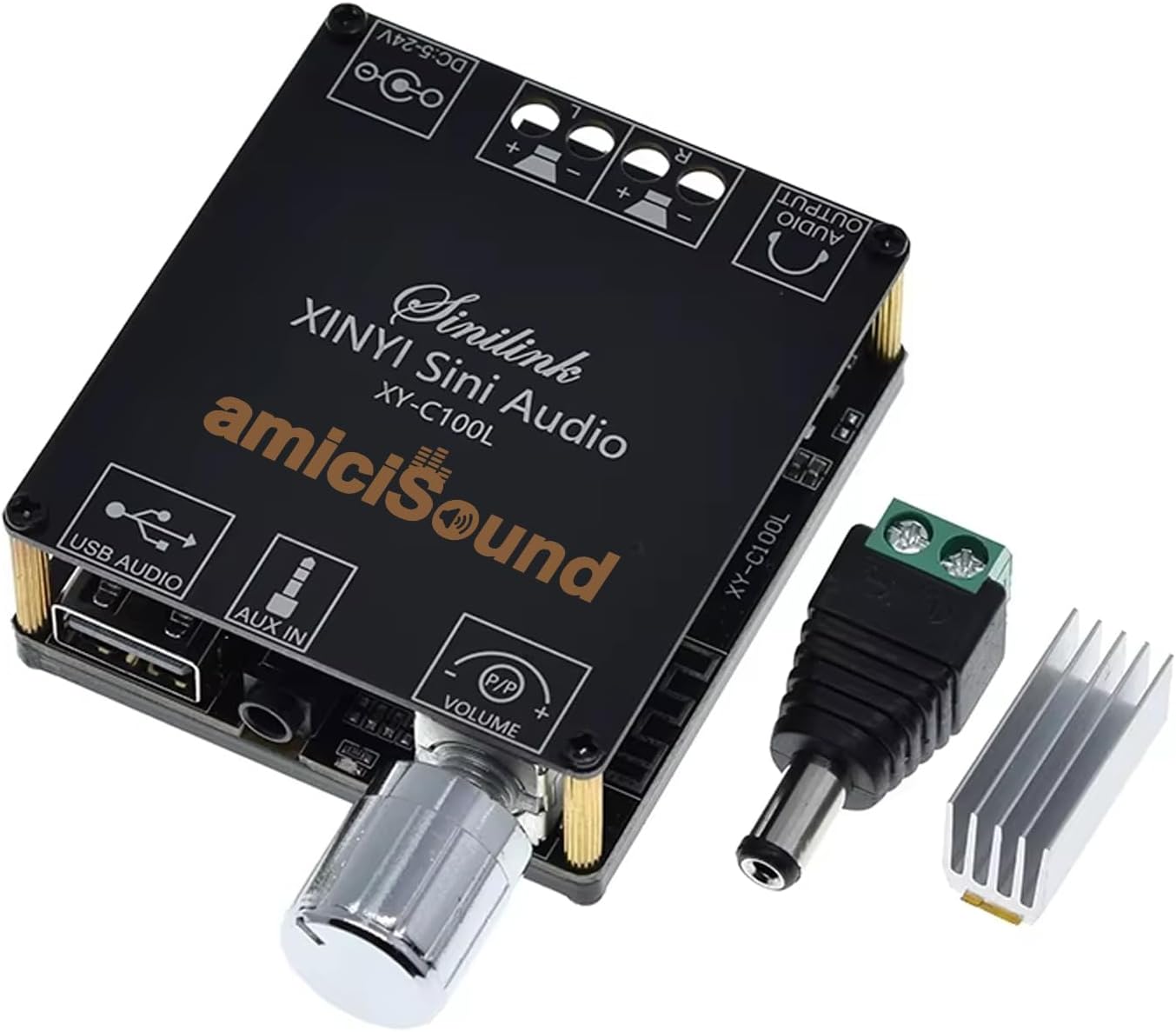 amiciSound Mini 100W+100W Bluetooth 5.0 Amplifier Board – Dual Channel, Stepless Tuning, AUX Input/Output, DC 5-26V DIY Speakers