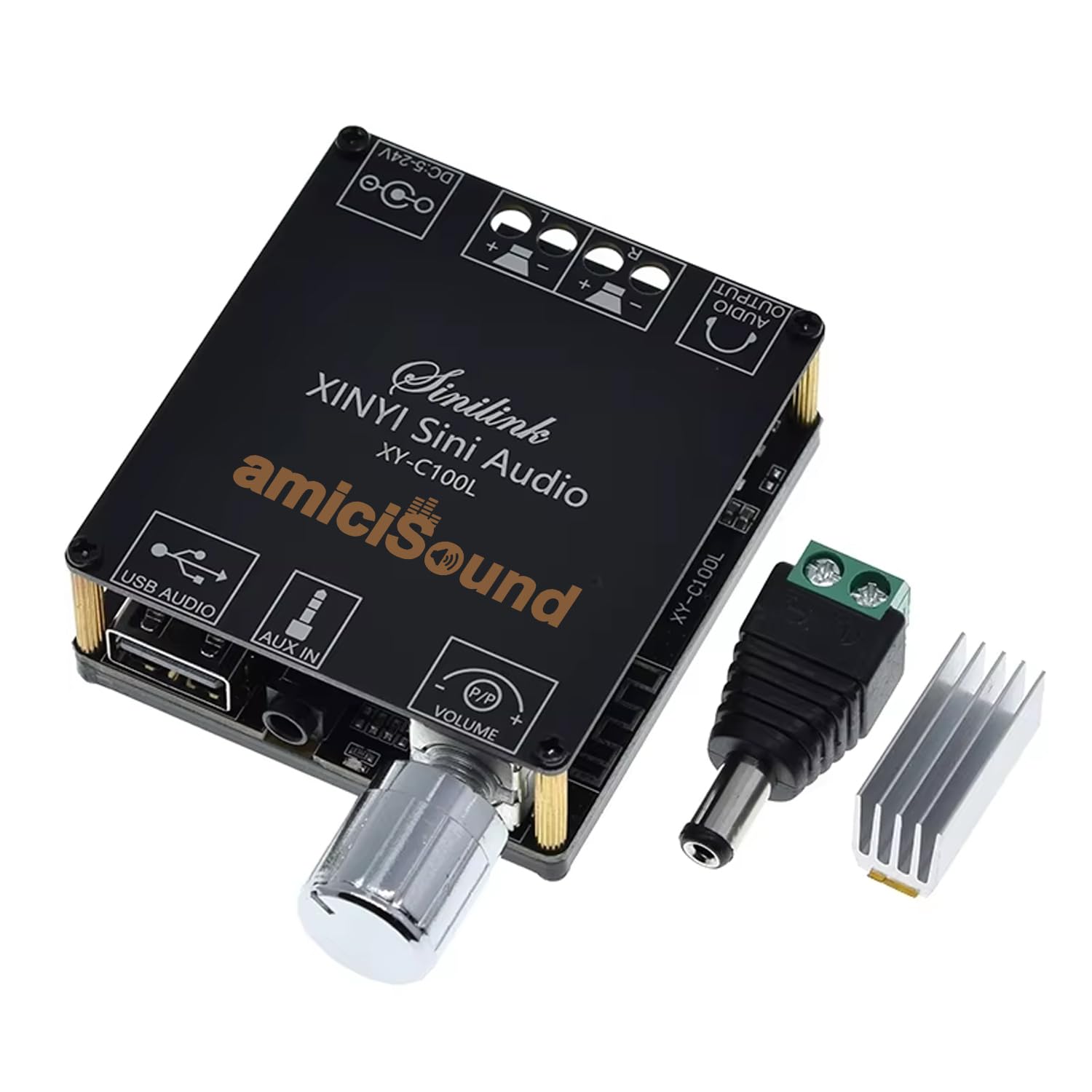 amiciSound Mini 100W+100W Bluetooth 5.0 Amplifier Board – Dual Channel, Stepless Tuning, AUX Input/Output, DC 5-26V DIY Speakers