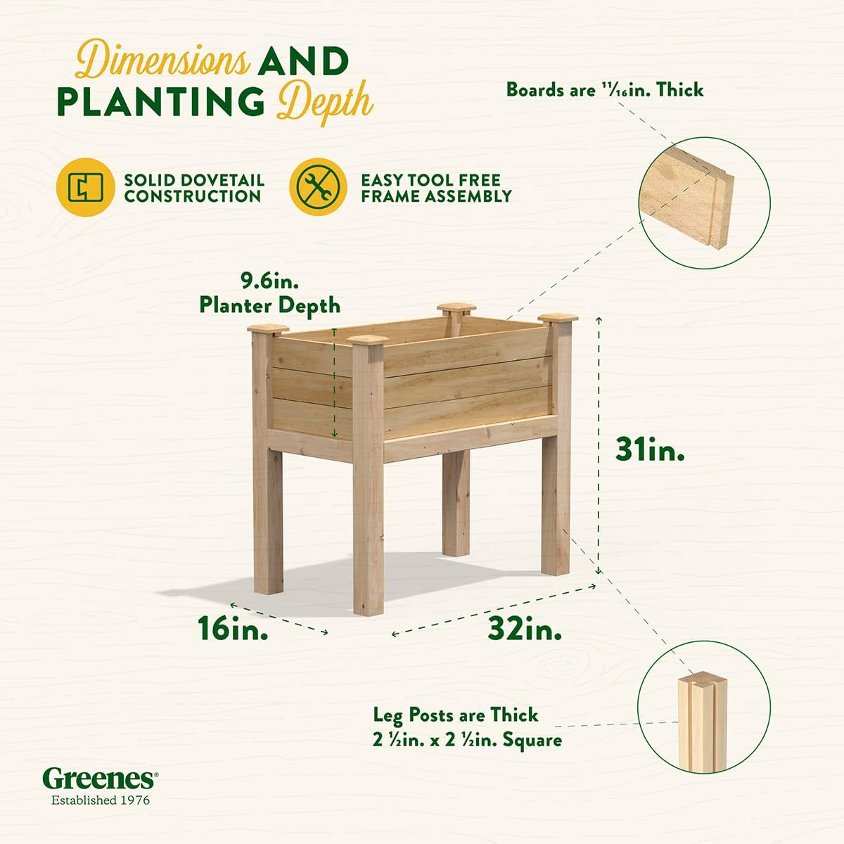 Greenes Fence Original Cedar Elevated Garden Bed, 16" W x 32" L x 31" H - Made in USA with North American Cedar
