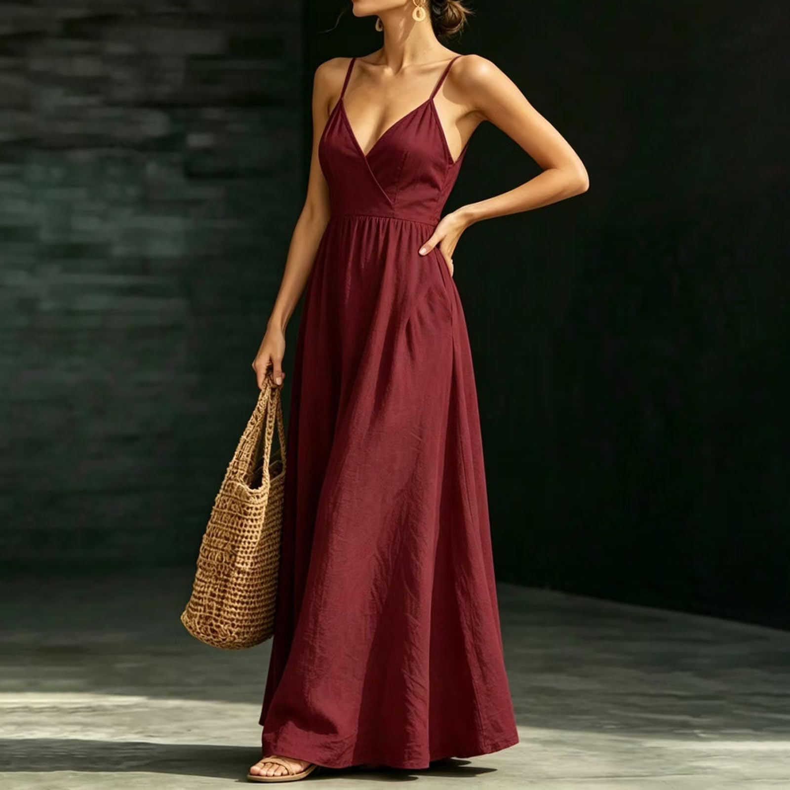 Vestido largo para mujer, cuello en V, tirantes ajustables, vestido largo acampanado, para playa, vacaciones, fin de semana, excursiones, paseos diarios
