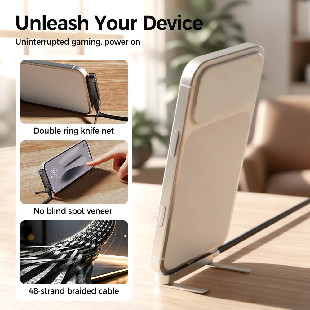 PUSKIU Cavo di ricarica USB-C da 240 W con supporto per telefono integrato, cavo di ricarica rapida intrecciato, cavo dati invisibile 2 in 1, design spesso con impugnatura in silicone (2 pezzi)