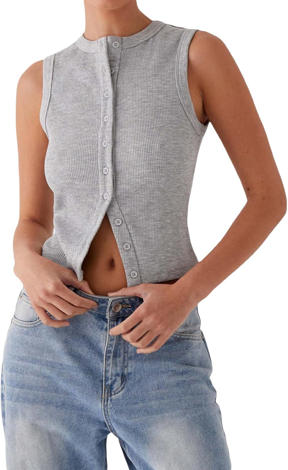 Women’s Sleeveless Cardigan Vest — Crewneck Open Front Button Down Crop Tank Top, Casual Y2k Slim Fit Top Shirt (Grey, Medium)